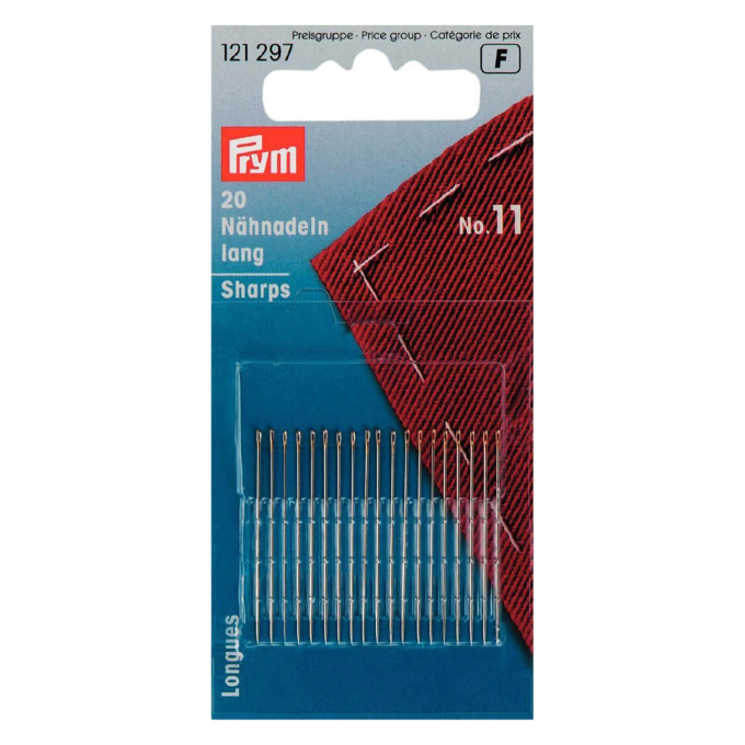 20 Aiguilles main longues Prym N°11, 0,50 x 32 mm, couleur or-argent