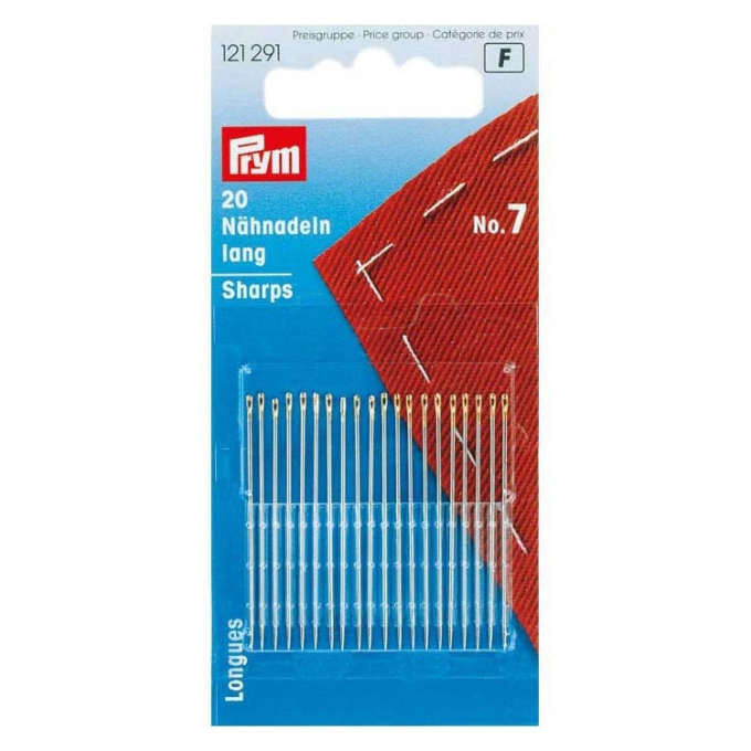 20 Aiguilles main longues Prym N°7 0,70 x 38 mm, couleur or-argent