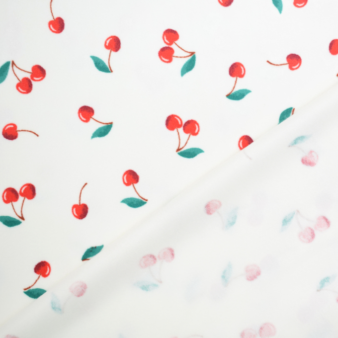 Tissu nicki jersey velours Cherries,  blanc cassé