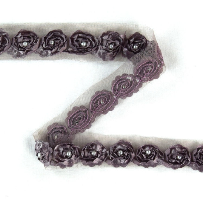 Ruban Dentelle Roses et perles, 25 mm, dusty mauve