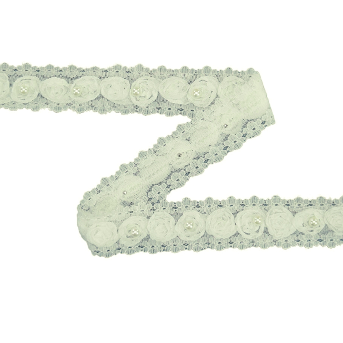 Ruban Dentelle Roses et perles, vanille 25 mm