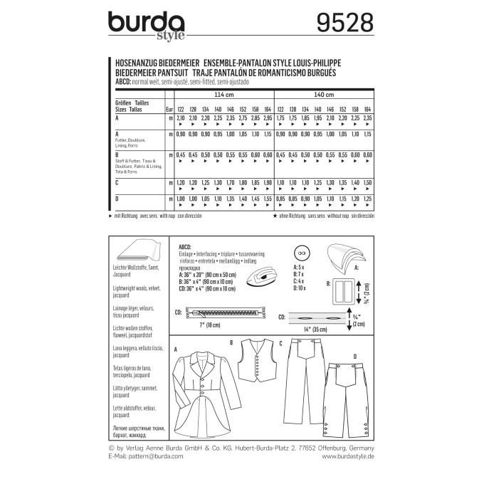 Sewing pattern BIEDERMEIER PANTSUIT, Burda 9528, En/Ger/Fr