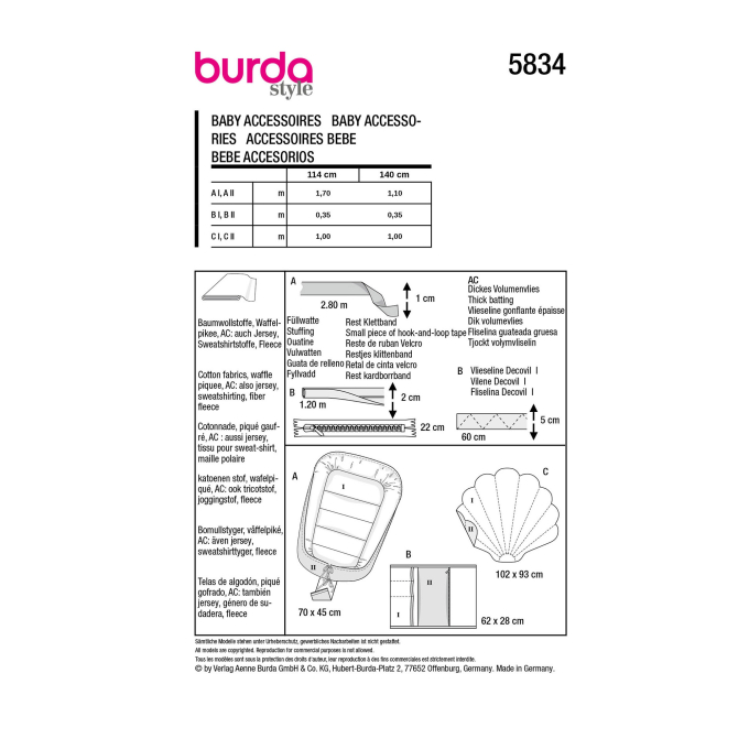 Paper Pattern Baby Accessoires, Burda 5834, En/Ger/Fr