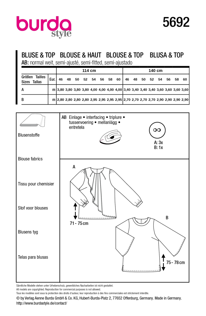 Patron Burda 5692 blouse & top femme, version papier, en français