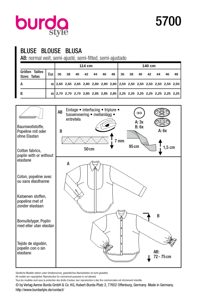 Naaipatroon Blouse, Burda 5700, Nl/Dui/En/Fr