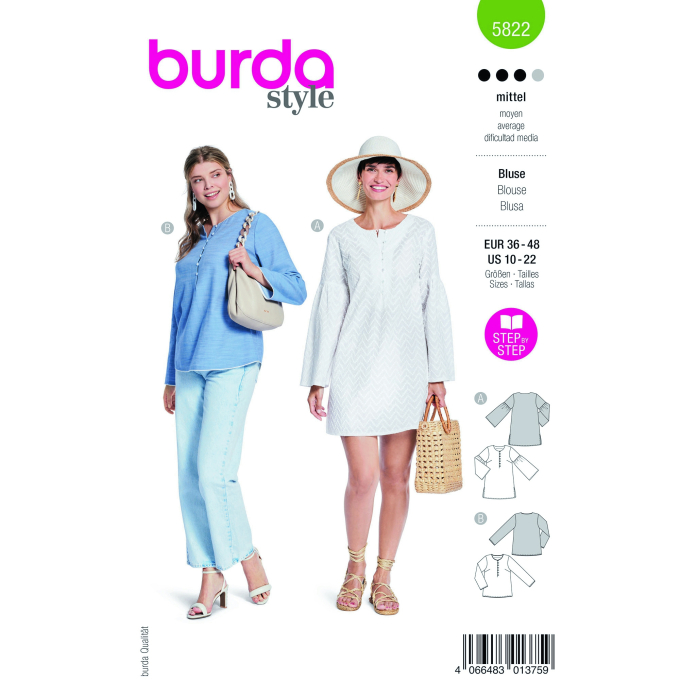 Naaipatroon blouse, Burda 5822, Nl/Dui/En/Fr