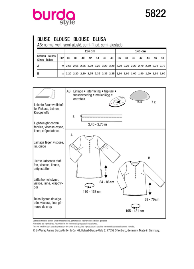 Naaipatroon blouse, Burda 5822, Nl/Dui/En/Fr