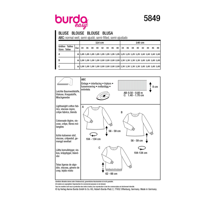 Naaipatroon blouse, Burda 5849 Nl/Dui/En/Fr