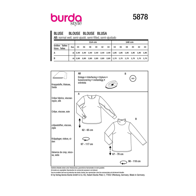 Naaipatroon blouse, Burda 5878, Nl/Dui/En/Fr