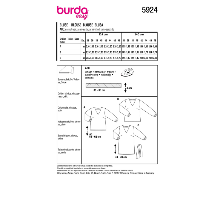 Naaipatroon blouse, Burda 5924, Nl/Dui/En/Fr