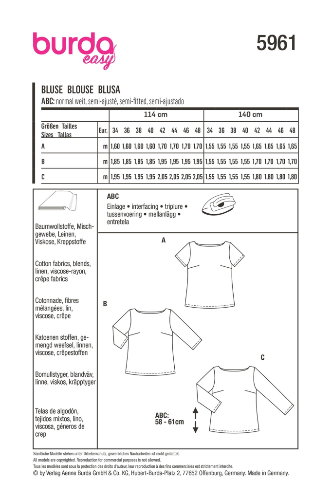 Naaipatroon Blouse, Burda 5961, Dui/En/Fr