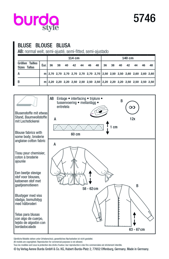 Naaipatroon blouse dames, Burda 5746, Nl/Dui/En/Fr