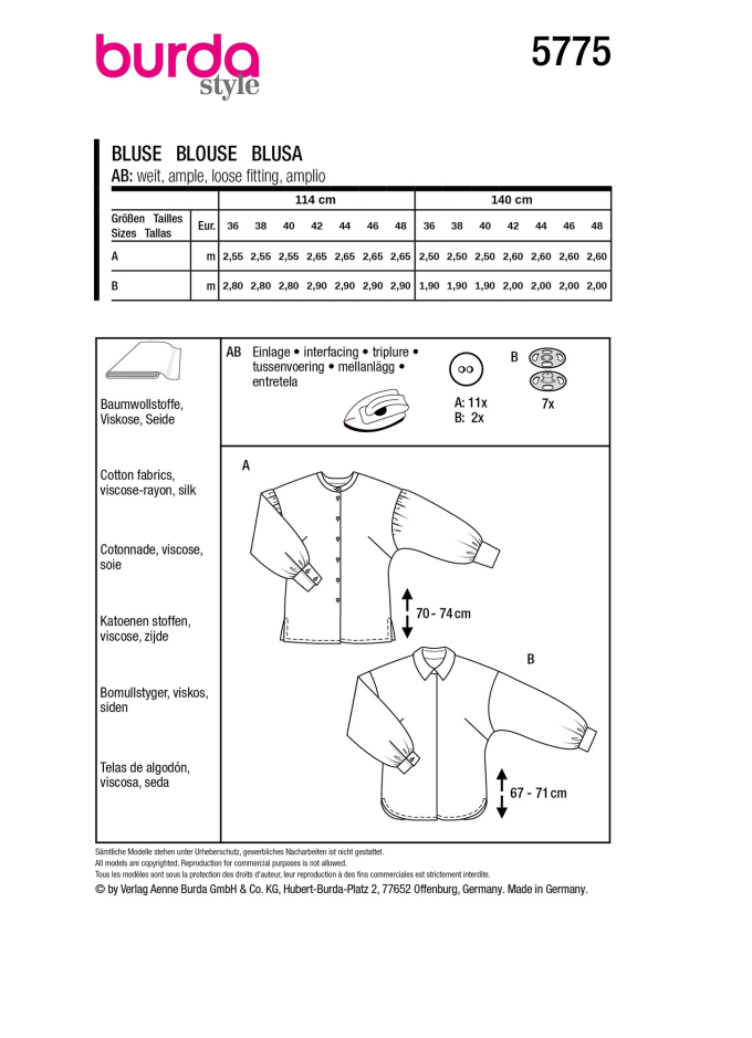 Naaipatroon Blouse Dames Burda 5775, NL/DE/GB/FR