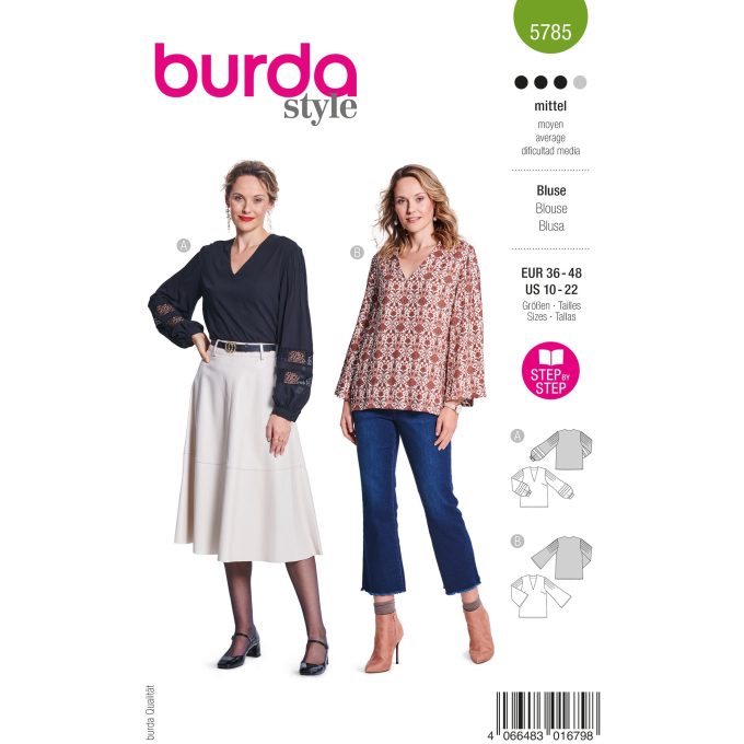 Naaipatroon Blouse Dames Burda 5785, NL/DE/GB/FR