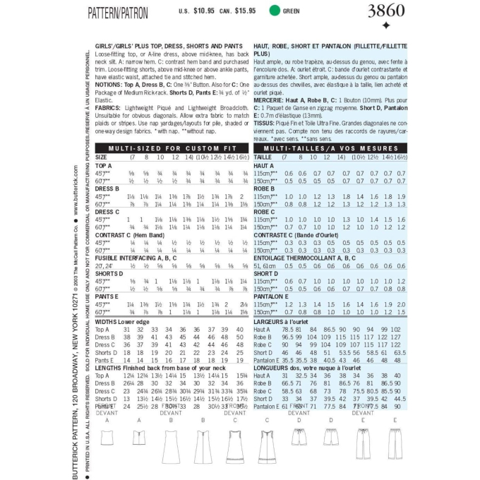 Patron Butterick 3860 combinaison fille, taille 140- 158, en français