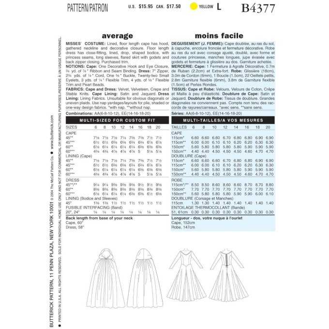 Patron Butterick 4377 costume sylphide, taille 32 - 38, en français