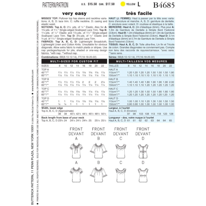 Patron Butterick 4685 t-shirt, taille 34-40, en français