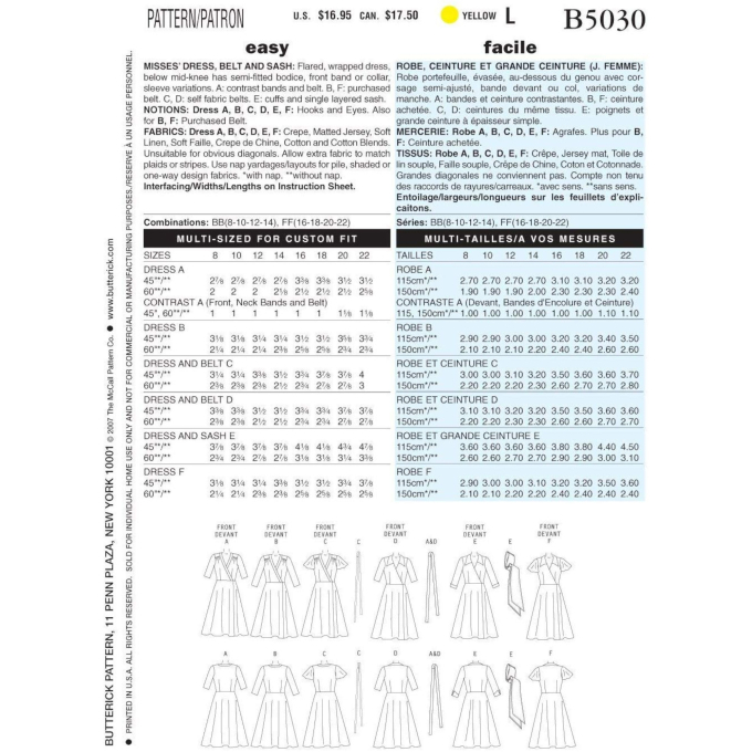 Patron Butterick 5030 robe, taille 42-48, en français