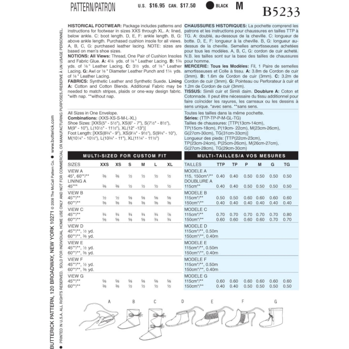 Patron Butterick 5233 chaussures historiques, Onesize, en français