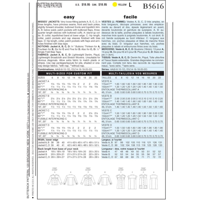 Patron Butterick 5616 veste, taille 40- 48, en français