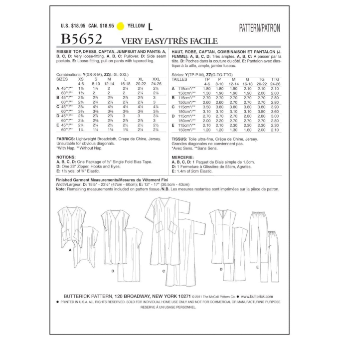 Naaipatroon Butterick 5652 combinatie, maat L-XXL, Dui/En/Fr