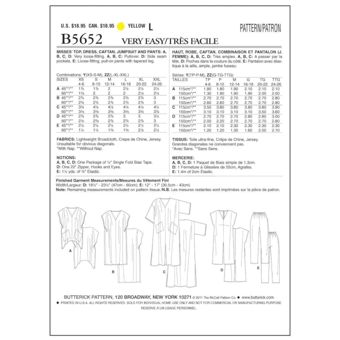 Naaipatroon Butterick 5652 combinatie, maat XS-M, Dui/En/Fr