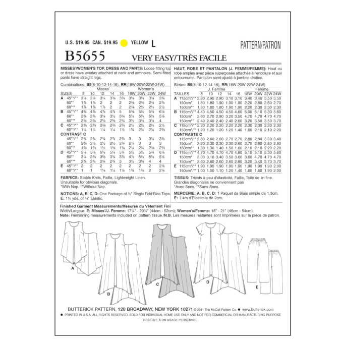 Patron Butterick 5655 robe, taille 46-52, en français