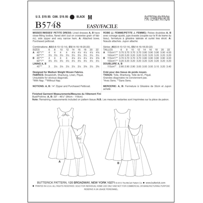 Patron Butterick 5748 robe, taille 32-40, en français