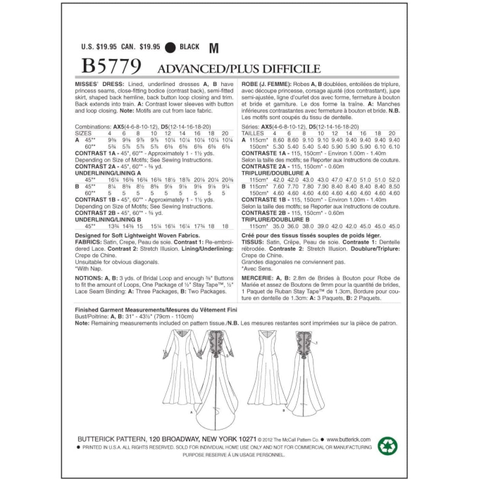 Patron Butterick 5779 robe de mariée, taille 30 - 38, en français
