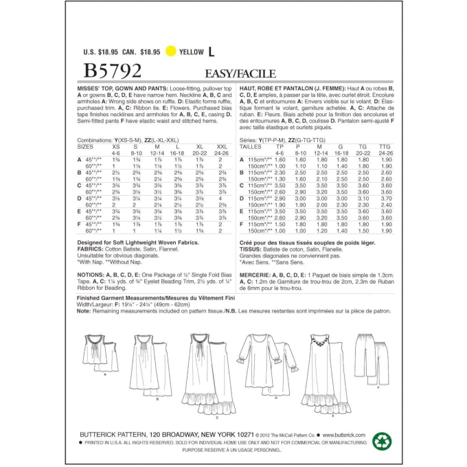 Patron Butterick 5792 Lingerie de nuit, taille 42-50, en français