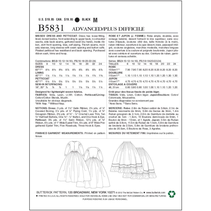 Patron Butterick 5831 robe historique, taille 34-42, en français