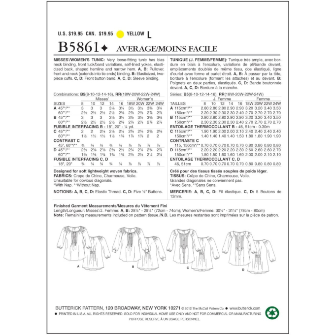 Naaipatroon Butterick 5861 tuniek, Gr. 34-42, Dui/En/Fr