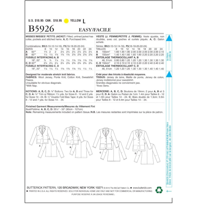 Schnittmuster Butterick 5926 Blazer, Gr. 34-42