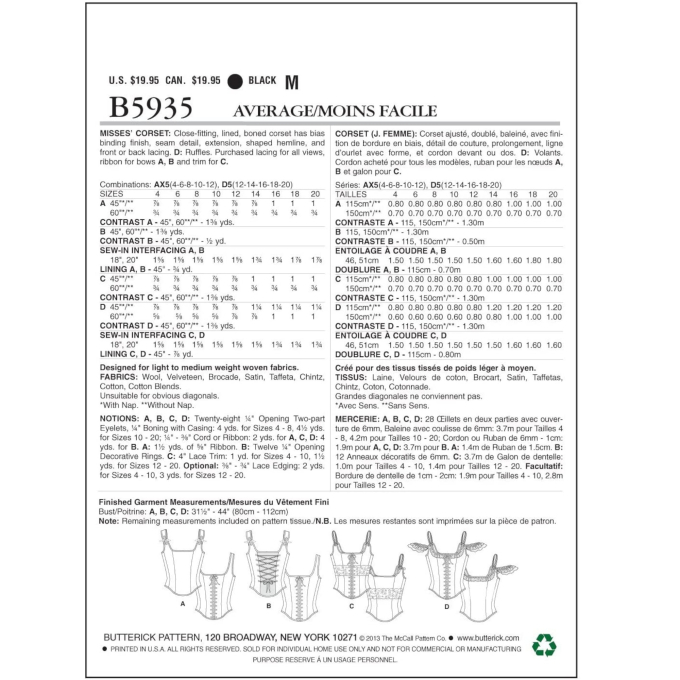 Naaipatroon Butterick 5935 historisch korset, maat 38-46, Dui/En/Fr