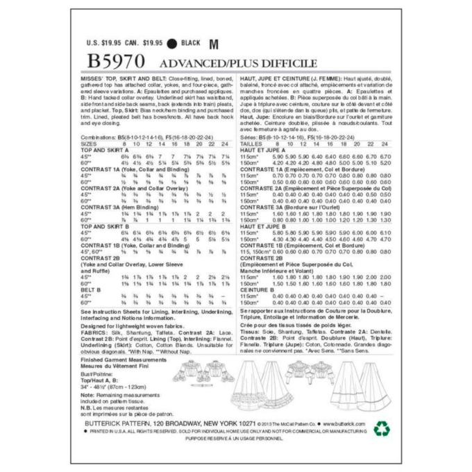 Patron Butterick 5970 robe historique, taille 34-50, en français