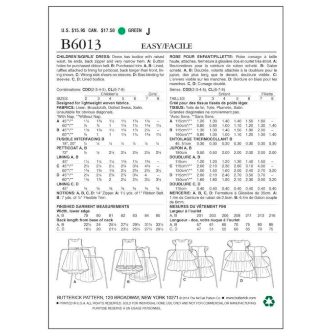 Patron Butterick 6013 combinaison robe, taille 122-134, en français