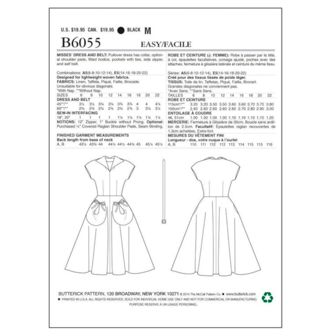 Patron Butterick 6055 robe rétro, taille 40-48, en français