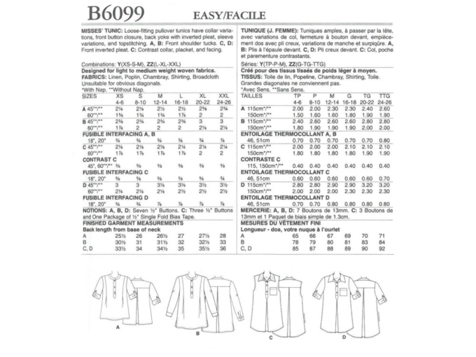 Schnittmuster Butterick 6099 Tunika, Gr. 32-40