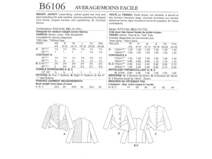 Naaipatroon Butterick 6106 Damesjas, Maat 32-40, Dui/En/Fr