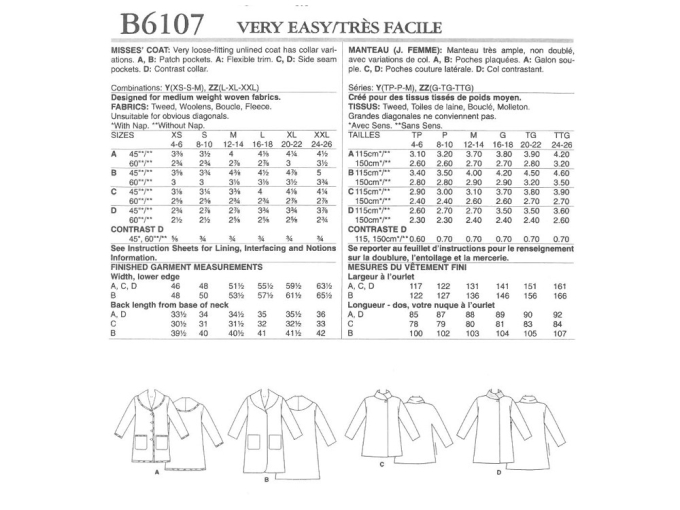 Patron Butterick 6107 manteau, taille 34-42, en français