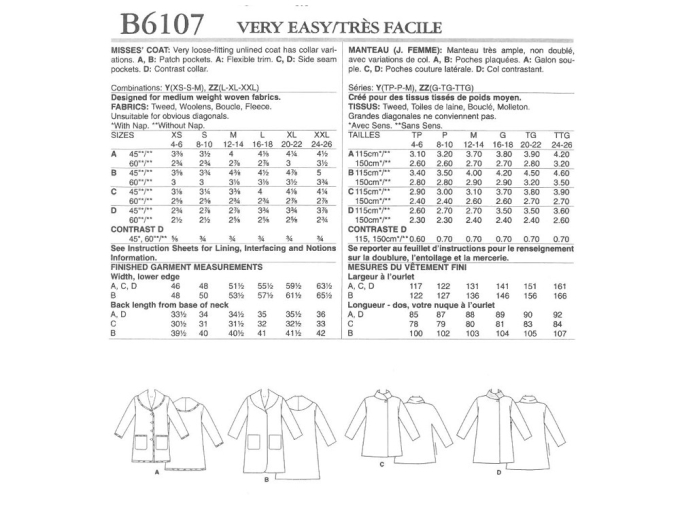 Patron Butterick 6107 manteau, taille 44-48, en français