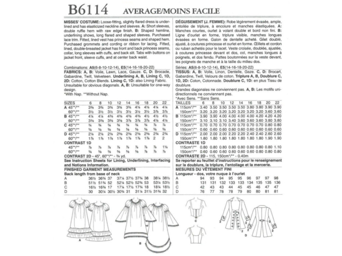 Patron Butterick 6114 costume, en français