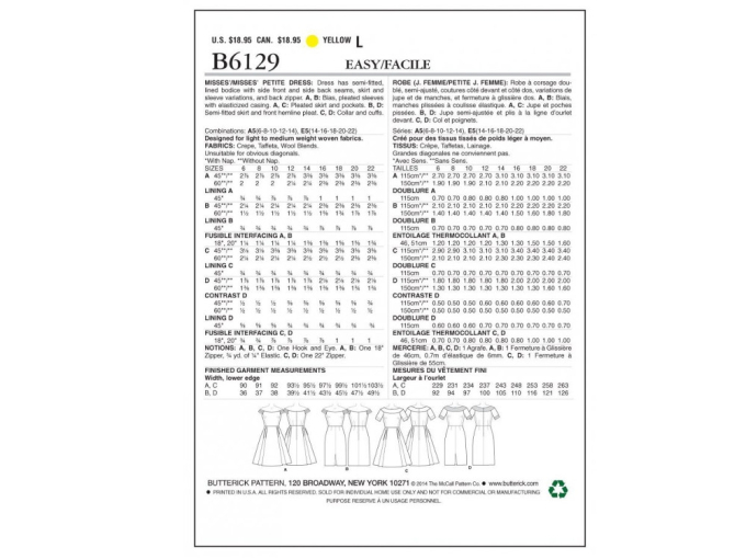 Pattern Butterick 6129 Misses' Jurk, Dui/En/Fr