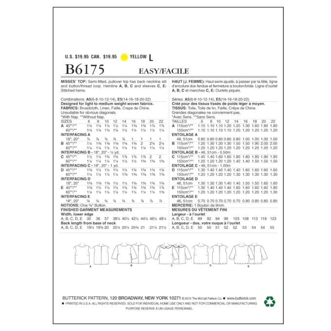 Naaipatroon Butterick 6175 shirt, maat 40-48, Dui/En/Fr