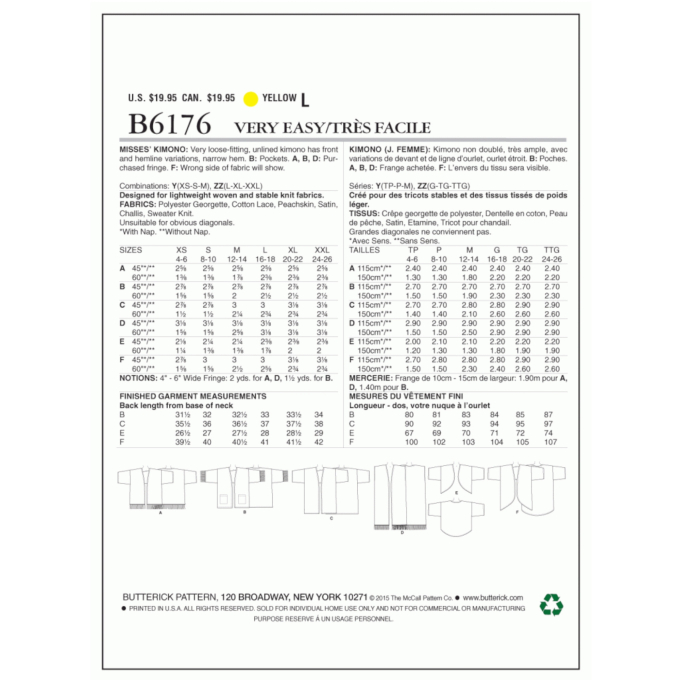 Naaipatroon Butterick 6176 kimono, maat 32-40, Dui/En