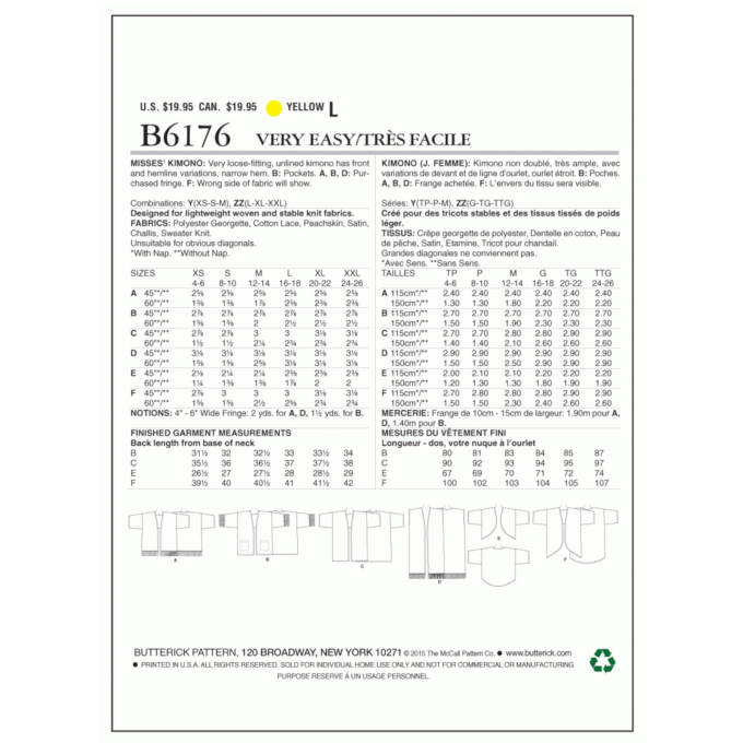 Naaipatroon Butterick 6176 kimono, maat 42-50, Dui/En