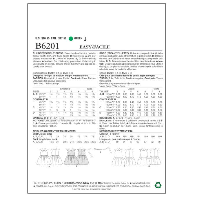 Patron Butterick 6201 combinaison robe, taille 122-134, en français