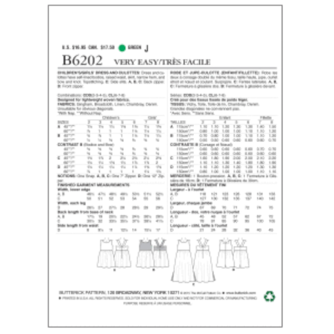 Patron Butterick 6202 robe enfant, taille 92-116, en français