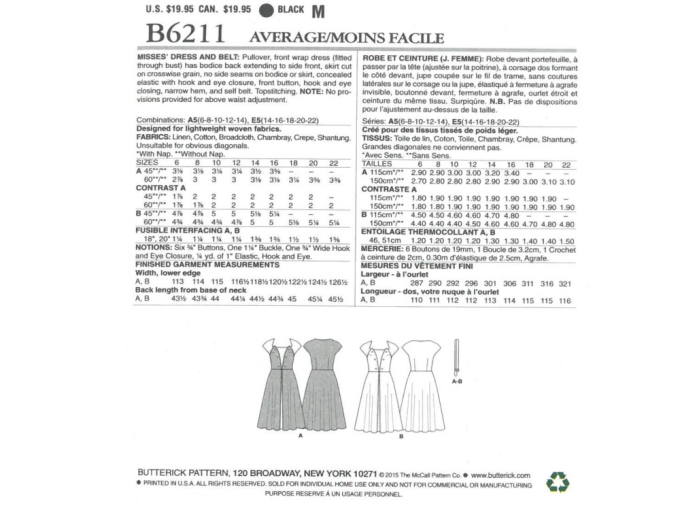 Patron Butterick 6211 robe, en français