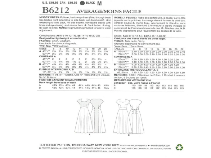 Patron Butterick 6212 robe, en français